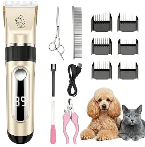 PETVION Tosatrice per Cani e Gatti Professionale Tagliacapelli Animali con Display LED Lame in Ceramica Impermeabile IPX7 Ricaricabile USB, Motore Silenzioso, Kit con 6 Pettini Guida per Uso Domestico