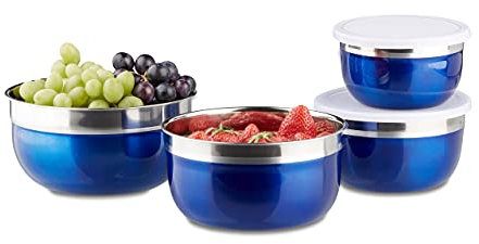 Relaxdays 10020833 Bol mélangeur avec couvercle lot de 4 saladiers en inox plusieurs tailles HxlxP: 9 x 18,4 x 18,4 cm, bleu