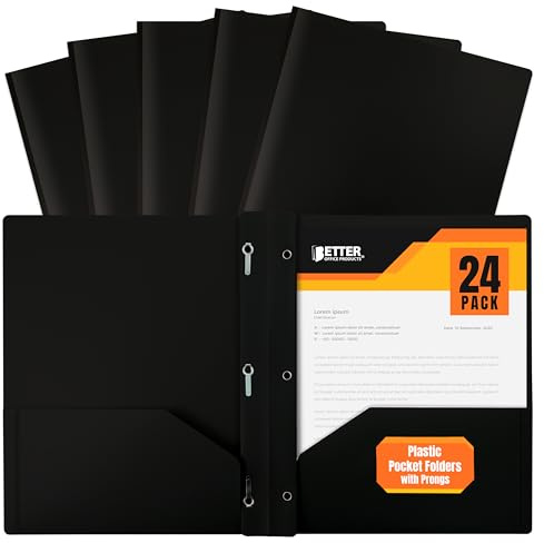 Better Office Products Black Plastic 2 Pocket Folders with Prongs, Heavyweight, Letter Size Poly Folders, 24 Pack, with 3 Metal Prongs Fastener Clips, Black