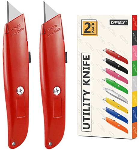 DIYSELF 2Pack Utility Knife Box Cutter Retractable Razor Blade Heavy Duty Box Cutters Knife PVC Pipe Cutter (Red)