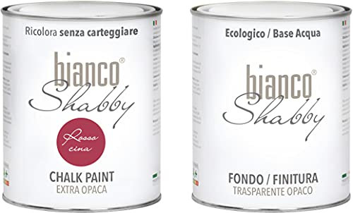 CHALK PAINT Rosso Cina & FINITURA - Pittura Shabby Chic EXTRA OPACA (1 litro) + Finitura Trasparente Opaco (1 litro)