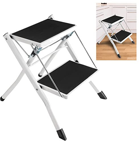 Escabeau Marche avec 2 Marches, Marche-Pieds Pliable, Escabeau Ménager Pied pour Intérieu, Echelle avec Pieds Anti Dérapant Max 150Kg, Echelle Domestique Pliable en Acier de Sécurité