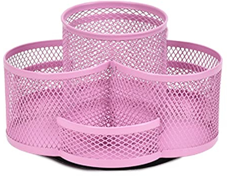 360° Rotation Multi Functional Pen Holder, Mesh Desktop Caddy, Rotating Pencil Holder, High Capacity, with Non Skid Rubber Mat, 7 Compartments, for Office Storage, Dressing Table (Pink)