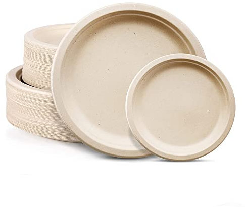 JINYUDOME Lot de 100 assiettes en carton compostables, assiettes en bagasse 100% biodégradables, 50 plaques de 7 pouces et 50 plaques de 9 pouces