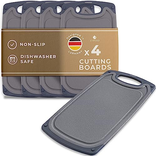 Exitoso Frühstücksbrettchen 4er Set mit Saftrille - Schneidebrett Spülmaschinenfest Brettchen - Grau Schneidebrett Kunststoff rutschfest BPA frei - Frühstücksbrettchen Kunststoff Brettchen Set