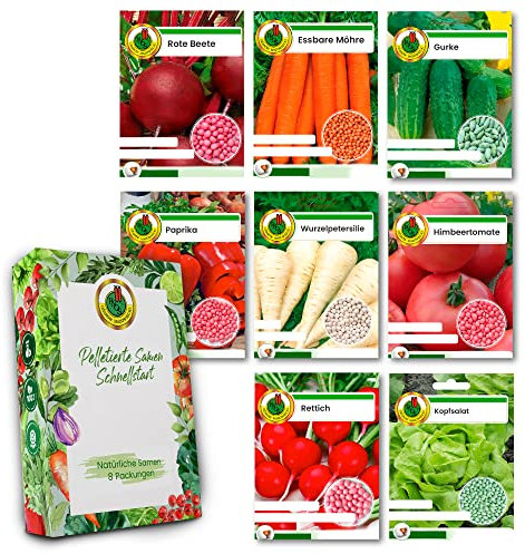Gemüse Samen Set 8 Premium Sorten Gemüse Saatgut für Gewächshaus Garten Balkon Küche Hochbeet. Rote Beete, Petersilie, Himbeertomate, Rettich, Kopfsalat, Paprika, Anzuchtset Samen Gemüse Pflanzen