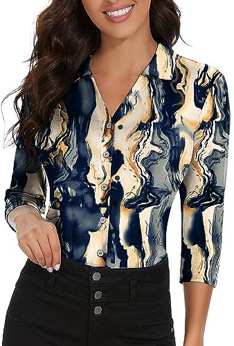 Soneven Poloshirt Damen Langarm 3/4 Arm Golf Polo Oberteil Bluse Damen Sommer Elegant Blusenshirt mit V-Ausschnitt Business Hemdbluse Casual T-Shirt Crack-Druck L