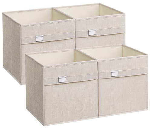 SONGMICS Aufbewahrungsbox, 4er Set, Ordnungsboxen, 30 x 30 x 30 cm, 2 Griffe, faltbar, Oxford-Gewebe, Leinenimitat, pflegeleicht, Metall-Etikettenhalter, für Würfelregal, wolkenweiß ROB230W04