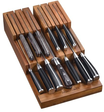 Acacomft In-Drawer Knife Block, Acacia Wood Kitchen Knife Drawer Organizer, Knife Holder without Knives For Up to 12 Knives Steak Knife Chef Knife