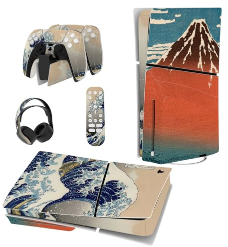 PlayVital Pegatina de Vinilo para ps5 Slim Disc Edición - Adhesivo Completo para Consola, Mando, Auriculares, Estación de Carga y Control Remoto, Skin Personalizada (La Gran Ola)