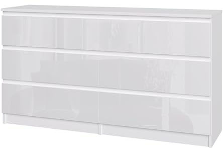 Modern High-Gloss Drawer Panels Chest of Drawers, 3/4/5/6 Drawer Wooden Dresser with Metal Runner Bedside Table No Handle Sleek Design Storage Organizer Unit for Living Room Bedroom (White, 6 Drawers)