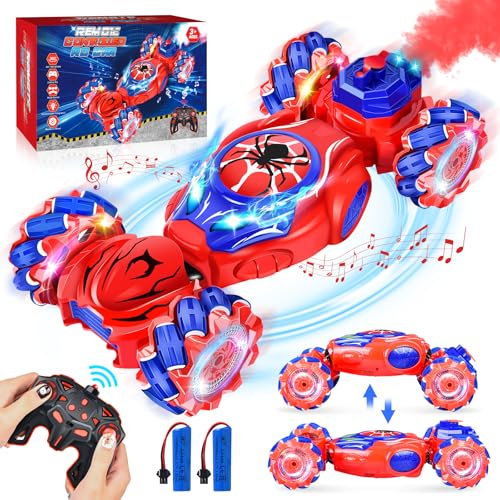 Herenear Coche Teledirigido Niños, 4WD RC Stunt Car, 360° Coche Drift Control con Spray, Música y Luces, RC Radio Control Coches Regalos para Niños Niña 6 8 10 12 Años