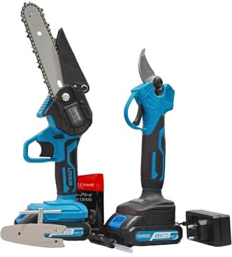 SQUADO Set Potatura 2 in 1: Forbici Potatura a Batteria, e Motosega a Batteria con 2 Batterie 48V da 6 pollici Valigetta Inclusa