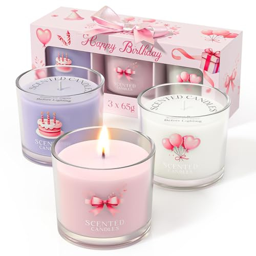 CHILLFLAME Candele di Compleanno – Set regalo di candele profumate per alleviare lo stress, 3 candele votive per donna e uomo, regali di compleanno per donna (rosa + viola + bianco, 200g)