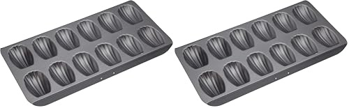 Master Class Vassoio per madeleine con antiaderente PTFE, PFOA e BPA, robusto acciaio al carbonio spesso 1 mm, stampo per torte a 12 fori, 40x 20 cm, grigio (Confezione da 2)
