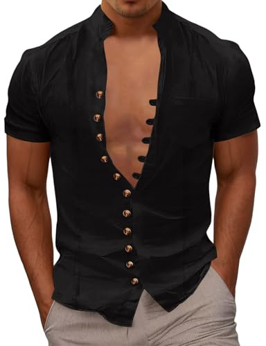CEWIFO Camicie No Stiro Uomo Lino Spesso di Magliette T-Shirt Maglietta Manica Corta, Cotone Slim Fit Estivi