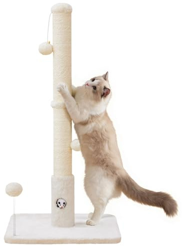 Woochpet Cat Scratching Posts 33 for Adults Cats, Cat Scratcher with Soft Fabric Covering Base and Durable Sisal Rope, Scratcher with Fun Mouse Hole and Cat Toy for Tall Cats (White)