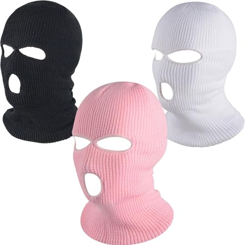 Confezione da 3 passamontagna (nero, rosa, bianco) – Passamontagna per moto, bicicletta e sci, maschera traspirante con design a 3 fori, maschera invernale riutilizzabile per uomini e donne