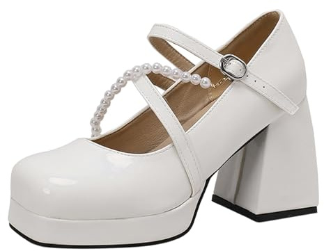 Zapatos casuales para damas de honor 2026, con cabeza de gatito, tacón alto, cuero, boda, invitada, cita, noche, Mary Jane, mujer, correa baja, puntera cerrada, White, 36.5 EU