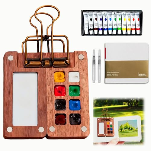 YDSW Mini Watercolour Paint Set Travel 5Pcs, Includes 8 Grids Foldable Wooden Travel watercolour Palette, Sketchbook, Watercolor Pens, 12 Colors Paint, Suitable for Painters Artists and Student