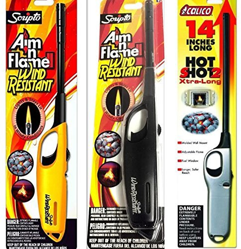 3 Pack - 2 Pack Scripto Multi Purpose Wind Resistant Lighter (Assorted Color) + 1 Pack Calico Hot Shot 2 Xtra Long Camping Grilling Home, Adjustable Flame