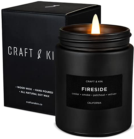 Craft & Kin Premium Smoky Fireside Scented Candle – Long Lasting, 45 Hour Burn Time – Luxury Black Natural Soy Scented Candle for Men with Wood Wick – Room Decor and Aromatherapy – 7.6 oz