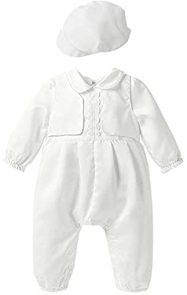 Leideur Trajes de bautizo para bebé, 2 piezas, 1 año, blanco, bautizo con gorra, blanco, 9 Meses