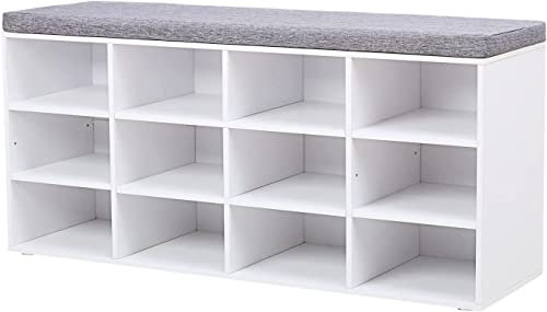 VASAGLE Shoe Bench, Storage Bench with Padded Seat, with Cushion, 12 Compartments, Adjustable Shelves, for Living Room, Hallway, 30.3 x 104 x 48 cm, Cloud White LHS012W14
