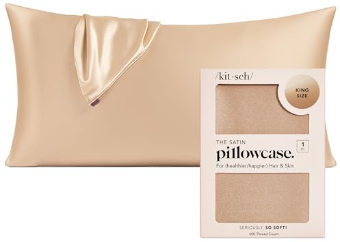Kitsch Satin Pillowcase for Hair & Skin - Softer Than Silk, Cooling With Zipper | King Size Pillow Case Cover (Champagne, 1 Pack)