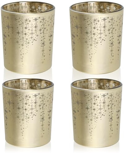 com-four® 4-teiliges Teelichthalterset - Windlichter goldfarben für Teelichter und kleine Stumpenkerzen - Teelichthalter mit Sternverzierung - Tischdeko (4X goldfarben)