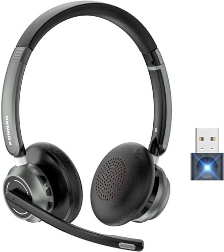 KONNAO Casque sans Fil avec Microphone AI Noise Reduction V5.3 Casque sans Fil avec dongle USB et Microphone Mute pour Ordinateur/Ordinateur Portable/PC/iPhone/Android/téléphone Portable/Zoom