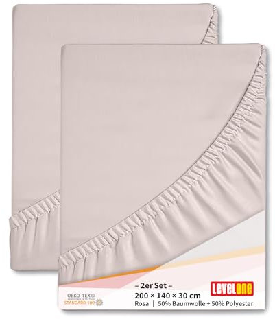 Level One Spannbettlaken 2er Set 140x200cm Spannbetttuch Bettlaken mit Gummispannung, Matratzenhöhe bis 25 cm, 50% Baumwolle 50% Polyester Jersey, Farbe Rosa