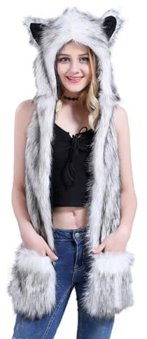 TINAYAUE Gorro de invierno 3 en 1, bufanda y guantes para mujer, capucha de lobo, gorro cálido de piel sintética con orejas de oso, estampado de patas, manoplas, bolsillo, sudadera con capucha de