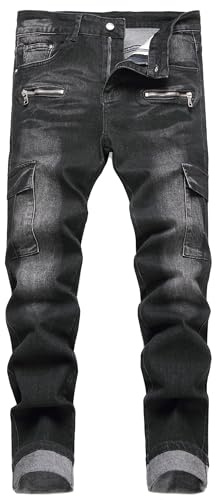 JENY-LUCK Men's Skinny Slim Fit Ripped Distressed Stretch Jeans Pants with Zipper Deco