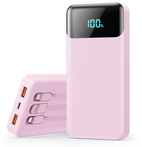 Power Bank 26800mAh, Powerbank con Cavi Integrati 25W PD Ricarica Rapida Caricatore USB C Portatile con 5 Uscite & 2 Ingressi Batteria Esterna con LCD Display per iPhone 16/15, Samsung ect (Rosa)