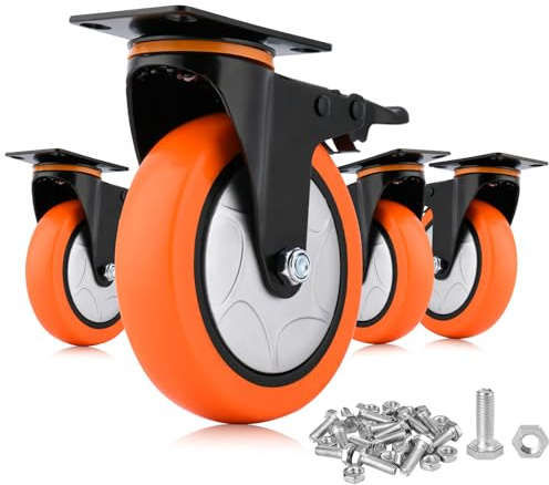 6 Inch Heavy Duty Swivel Caster Wheels with Brake - Set of 4, 3000 Lbs Capacity, PVC No Noise No Marking Wheels for Furniture, Carts, and Equipment (Includes Free Screws)