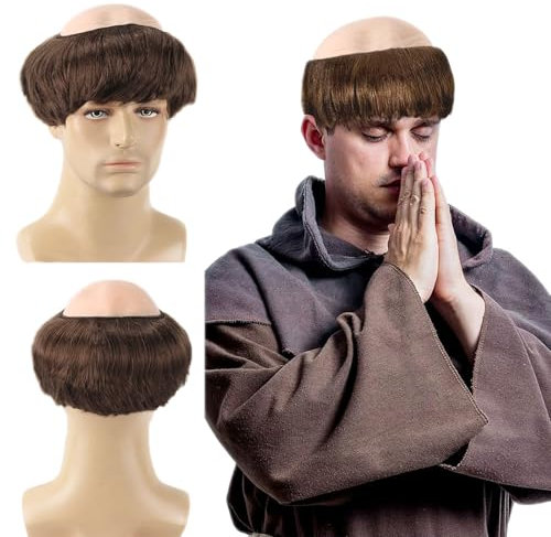 FOUNSHO Perruque Moine pour Adulte Hommes Marron Perruque de Moine avec Tonsure Bonnet Chauve en Latex Perruques de Prêtre Carnaval Halloween de Déguisement (Marron)
