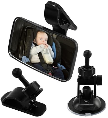 Spiegel Auto Baby Rückbank mit Clips & Saugnapf, Gebogener Spiegel, Großes Sichtfeld, 360° Rotation, 13 * 6.5cm