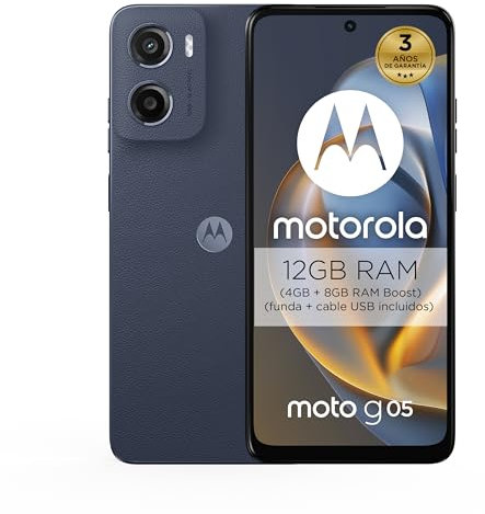 Moto g05 4GB/256GB Azul, España, Pantalla Brillante de 6.67, Sistema de cámaras de 50 MP, Modo Retrato con IA, Textura Soft Luxe, Corning Gorilla Glass 3, batería 5200 mAh