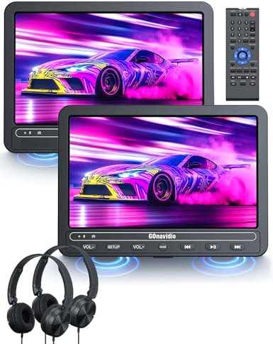 GOnavidio DVD Player Auto 2 Bildschirme 10,5 Mit 5 Stunden Akku 2 Kopfhörern Tragbarer Auto DVD Player Fernseher für Kinder TV, Unterstützt USB/SD, Regionsfrei (1 Player + 1 Monitor)