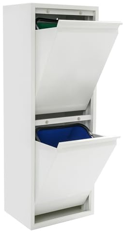 NEATOOM Waste & Recycling Cabinet with 2 Buckets, Stainless Steel Tilt Out Trash Bin Cabinet, Floorstanding Recycling Cabinet Trash Can for Laundry Room, Kitchen, Home Office (White)