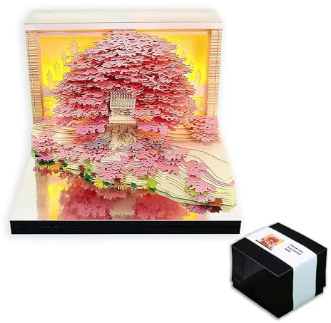 RNPKZ 3D Calendar 2026, Time Piece Calendar 2026 with LED Lights, Creative Desk Calendars Memo Pad, Tear-off Paper Sculpture Tree House 3D Calendars for Home Office School Desktop Decoration (Pink)