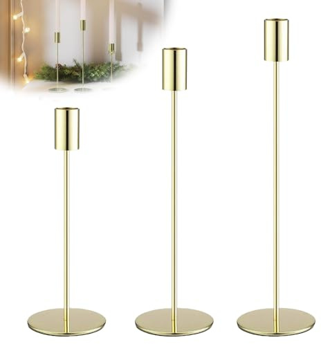 FENGCHUANG 3 Piezas Candelabro Negro candelabros de Metal 32/27/22cm Portavelas Alto para Velas Cónicas para decoración del Hogar Bodas Cenas Fiestas (Oro)