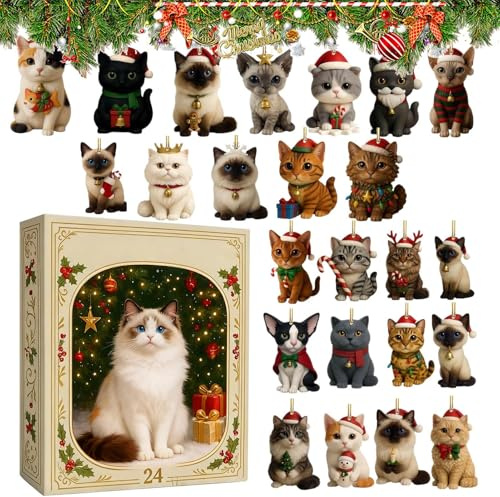 Kattkalender advent – 2025 tecknad katt julgransdekorationer nedräkning, söt kattunge hänge adventskalendrar, 2D akryl katter hängen dekorationer, akryl heminredning för kransar träd
