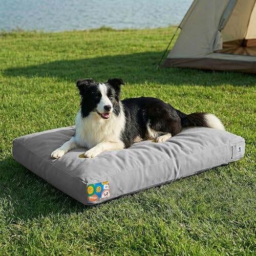 Sytopia 36 Inch Canvas Indestructible Outdoor Dog Bed for Large Dogs, Waterproof Washable Removable Cover, Indoor Patio Pet Pad for Crate, Light Grey