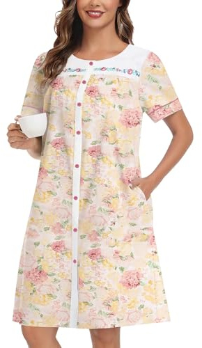 YOZLY 100% Cotton Housecoat for Women Short Sleeve Embroidered Duster Robe Button Front with Pockets Soft Cotton House Dress S-3XL
