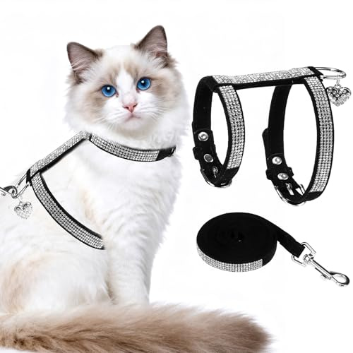 EXPAWLORER Cat Harness and Leash Set - Escape Proof Adjustable Cat Harness, H-shped Comfortable Soft Lightweight Kitten Harness for Outdoor Walking, for Small Medium Cats,Black Rhinestones M