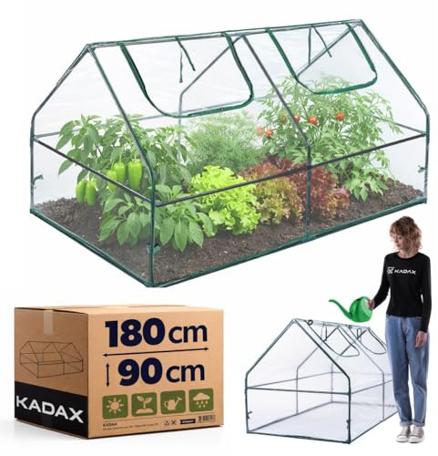 KADAX Miniväxthus 180 × 90 × 93 cm, folieväxthus med robust stålrörram och väderbeständigt PVC-skydd, drivbänksfäste, liten drivbänk med 2 rullfönster