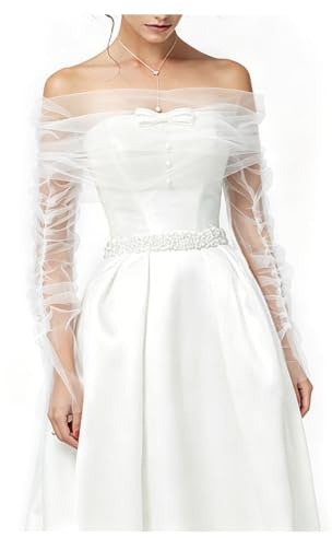 WEBEEDY Châle de Mariée Blanc et Ensemble de Gants, Cape de Tulle Transparente Polyester Maille Boléro de Mariée & Manches pour Robe de Couverture Occasion Formelle Soirée Décoration