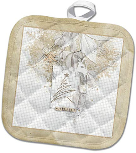 3dRose Beverly Turner Design-Sepia Collage of Christmas Tree, Deer, Snowflakes, Leaves, ho (phl-306419-1) Potholder, White